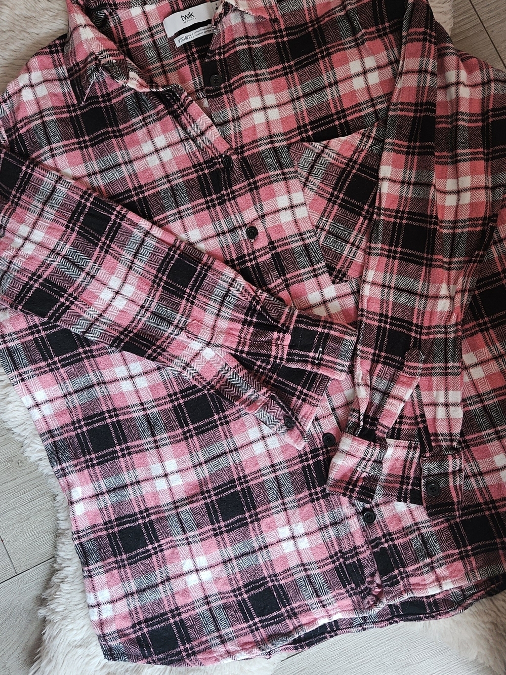 Twik Organic Cotton Flannel Shirt - Pink Plaid Grunge 90s Cozy Button-Up SizeS🔥